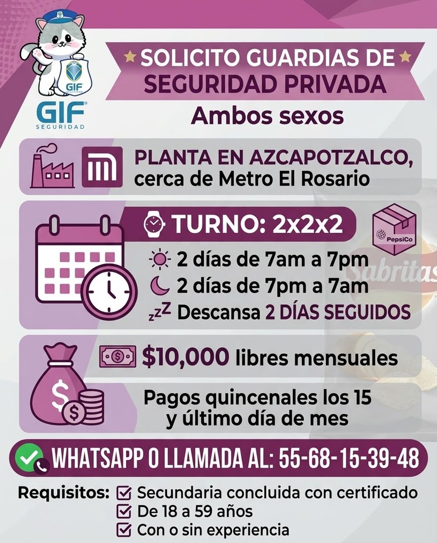 Banner del anuncio de la vacante: GIF · SEGURIDAD · * SOLICITO GUARDIAS DE * · SEGURIDAD PRIVADA · Ambos sexos · PLANTA EN AZCAPOTZALCO, · cerca de Metro El Rosario · TURNO: 