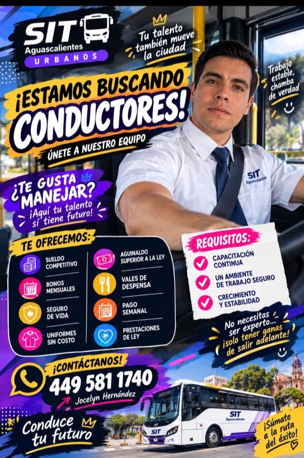 Banner del anuncio de la vacante: SITI · Aguascalientes · URBANOS · Tu talento · también mueve · la ciudad · ¡ESTAMOS BUSCANDO · CONDUCTORES! · ÚNETE A NUESTRO EQUIPO · ¿TE G