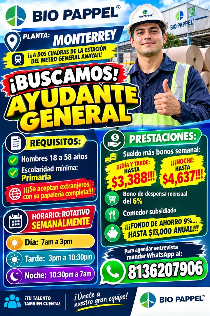 Banner del anuncio de la vacante: BIO PAPPEL® · BIO PAPPEL · PLANTA: · MONTERREY · ¡¡¡A DOS CUADRAS DE LA ESTACIÓN · DEL METRO GENERAL ANAYA!!! · ¡BUSCAMOS! · AYUPANTE · GENE