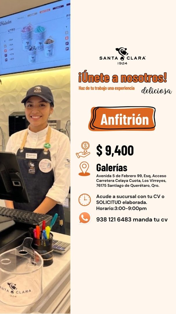 Banner del anuncio de la vacante: Heladas · LITRO · •114 · 1347 · *128 · SANTA O · CLARA · 1924 · ¡Únete a nosotros! · Haz de tu trabajo una experiencia · deliciosa · Anfitri