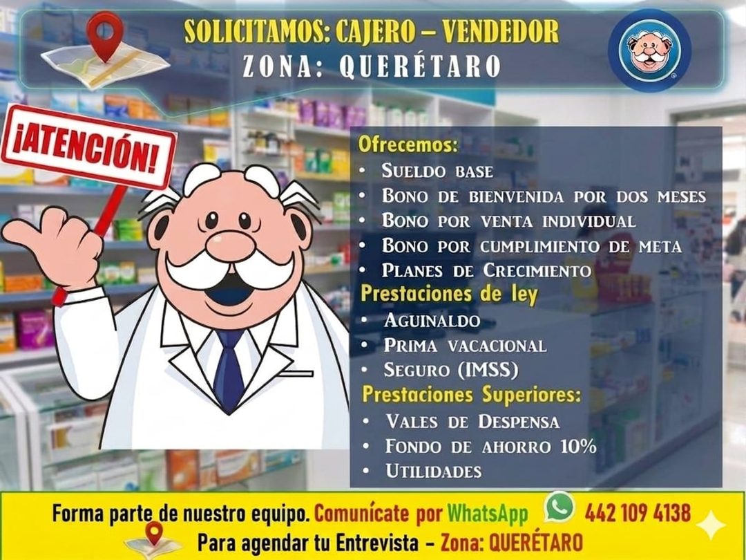 Banner del anuncio de la vacante: SOLICITAMOS: CAJERO - VENDEDOR · ZONA: QUERÉTARO · ¡ATENCIÓN! · Ofrecemos: · • SUELDO BASE · • BONO DE BIENVENIDA POR DOS MESES · • BONO POR