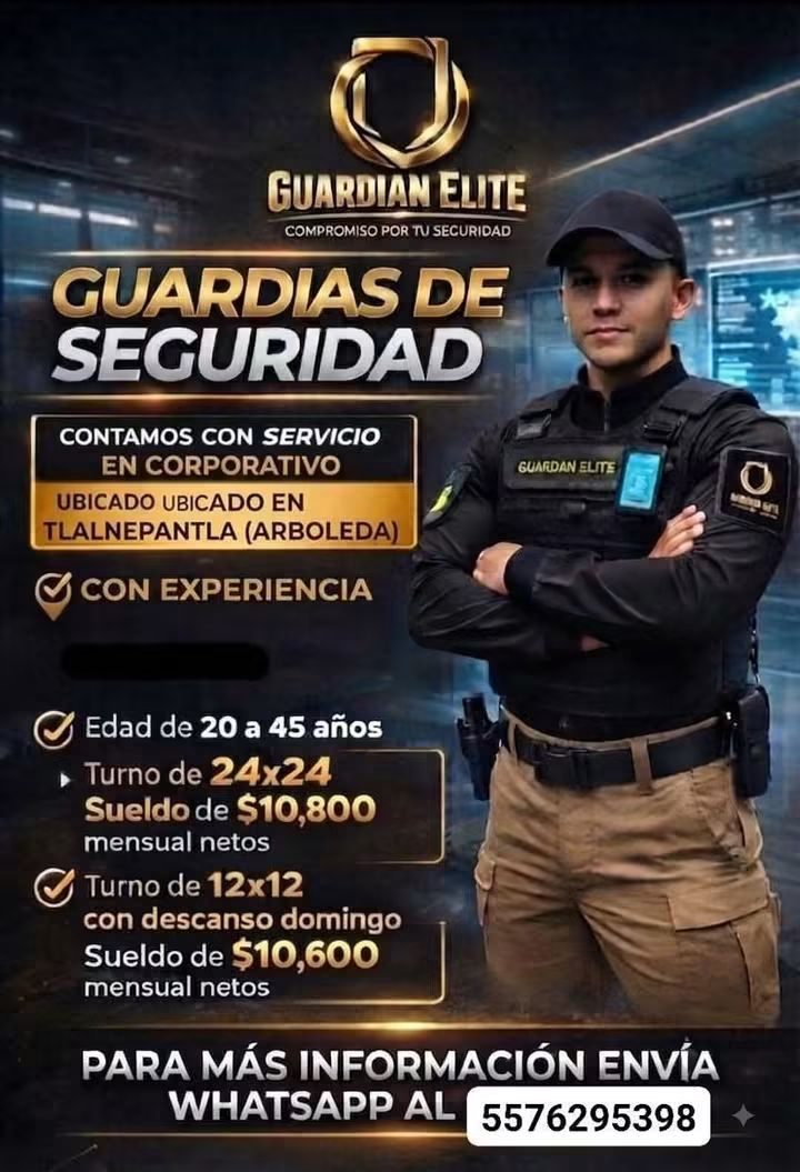 Banner del anuncio de la vacante: GUARDIAN ELITE · COMPROMISO POR TU SECURIDAD · GUARDIAS DE · SEGURIDAD · CONTAMOS CON SERVICIO · EN CORPORATIVO · UBICADO UBICADO EN · TLALN