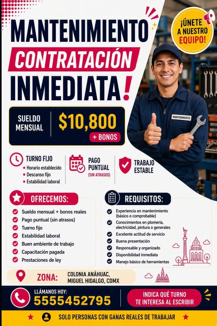 Banner del anuncio de la vacante: MANTENIMIENTO · CONTRATACIÓN · INMEDIATA! · SUELDO · MENSUAL · $10,800 · + BONOS · ¡ÚNETE · A NUESTRO · EQUIPO! · MANTENIMIENTO · TURNO FIJO