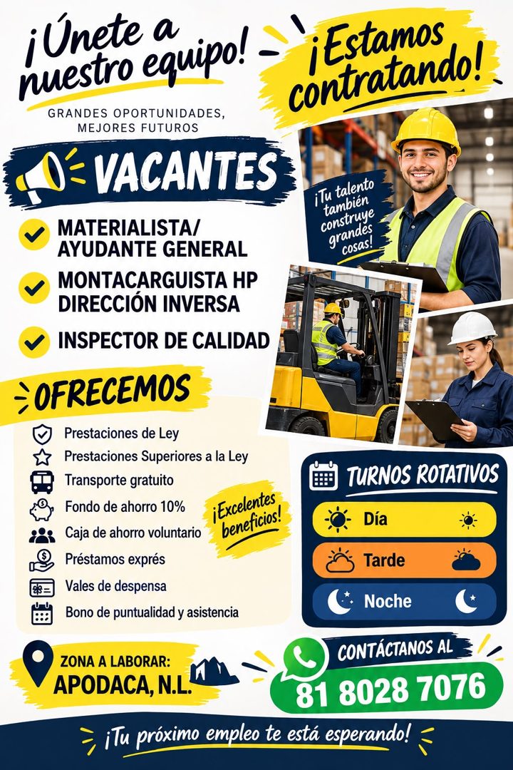 Banner del anuncio de la vacante: ¡Unete a · nuestro equipo! · GRANDES OPORTUNIDADES, · MEJORES FUTUROS · 0= VACANTES · ¡Estamos · contratando! · MATERIALISTA/ · AYUDANTE GEN