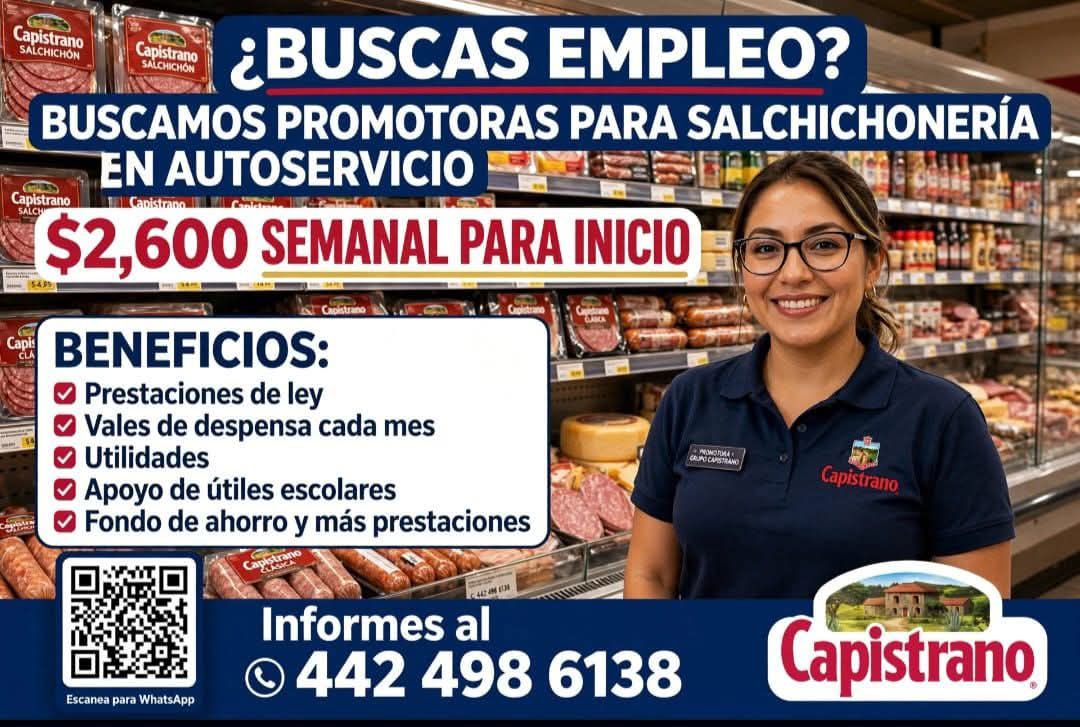 Banner del anuncio de la vacante: Capistrano · SALCHICHÓN · Capistrano · SALCHICHON · ¿BUSCAS EMPLEO? · BUSCAMOS PROMOTORAS PARA SALCHICHONERÍA · EN AUTOSERVICIO · Capistrano