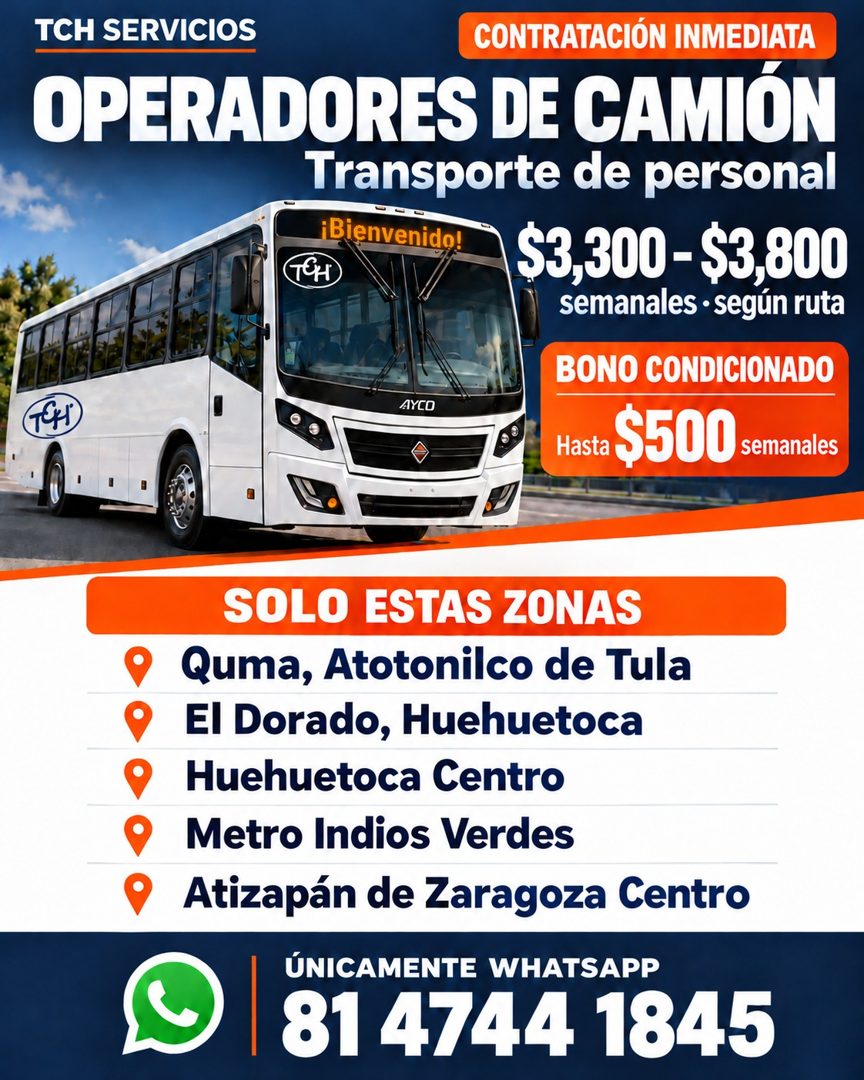 Banner del anuncio de la vacante: TCH SERVICIOS · CONTRATACIÓN INMEDIATA · OPERADORES DE CAMIÓN · Transporte de personal · ¡Bienvenido! · S3,300 - $3,800 · semanales • según 
