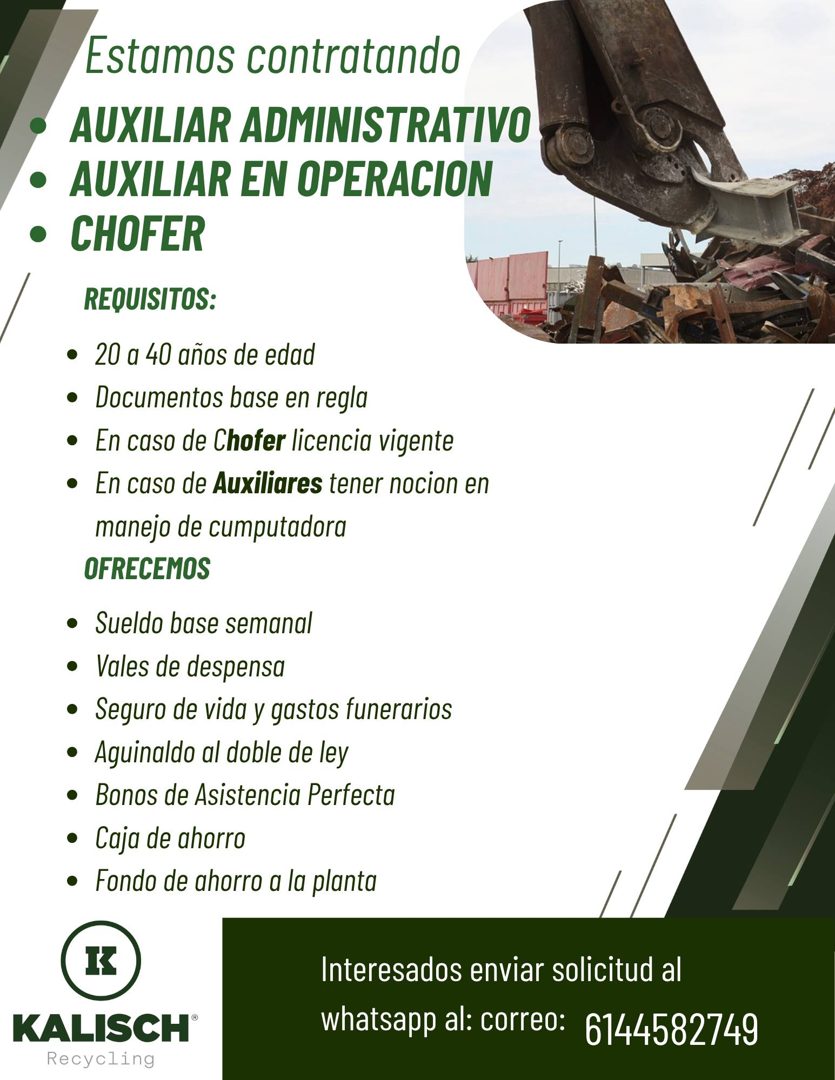 Banner del anuncio de la vacante: Estamos contratando · • AUXILIAR ADMINISTRATIVO · • AUXILIAR EN OPERACION · • CHOFER · REQUISITOS: · • 20 a 40 años de edad · • Documentos b