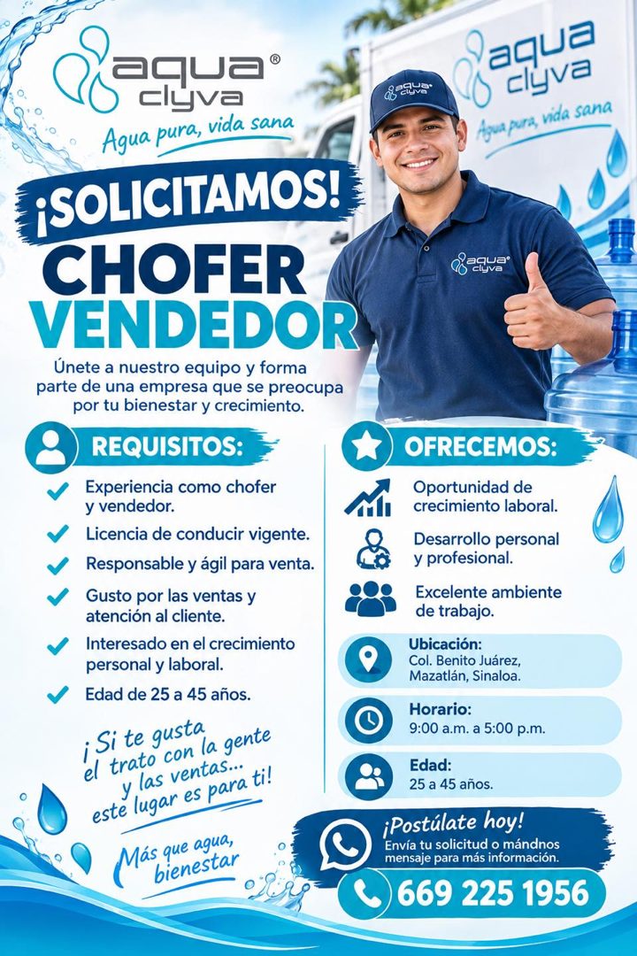 Banner del anuncio de la vacante: clyva · Agua pura, vida sana · ¡SOLICITAMOS! · CHOFER · VENDEDOR · Únete a nuestro equipo y forma · parte de una empresa que se preocupa · p