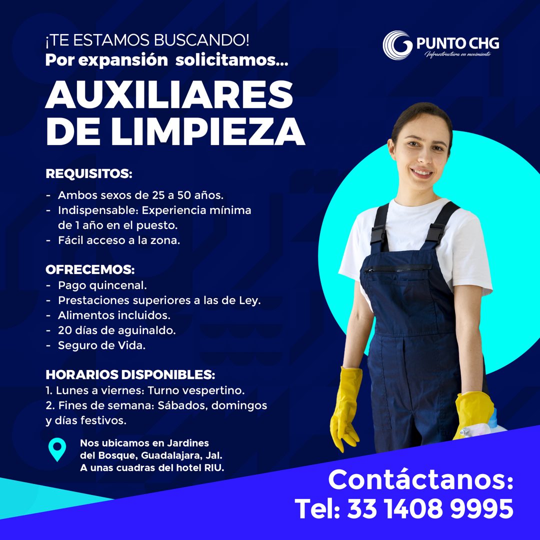 Banner del anuncio de la vacante: ¡TE ESTAMOS BUSCANDO! · Por expansión solicitamos... · AUXILIARES · DE LIMPIEZA · REQUISITOS: · - Ambos sexos de 25 a 50 años. · - Indispens