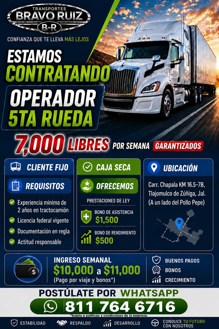 Banner del anuncio de la vacante: TRANSPORTES · BRAVO RUIZ · B-R · CONFIANZA QUE TE LLEVA MÁS LEJOS · ESTAMOS · CONTRATANDO · OPERADOR · 5TA RUEDA · 7.000 LIBRES POR SEMANA ·