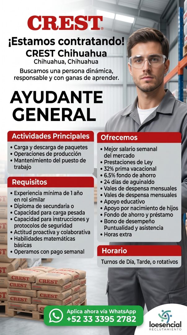 Banner del anuncio de la vacante: CREST. · ¡Estamos contratando! · CREST Chihuahua · Chihuahua, Chihuahua · Buscamos una persona dinámica, · responsable y con ganas de aprend