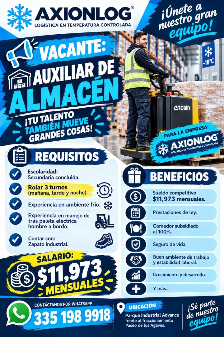Banner del anuncio de la vacante: AXIONLOG® · LOGÍSTICA EN TEMPERATURA CONTROLADA · VACANTE: · AUXILIAR DE · ALMACEN · ¡TU TALENTO · TAMBIÉN MUEVE · GRANDES COSAS! · REQUISIT