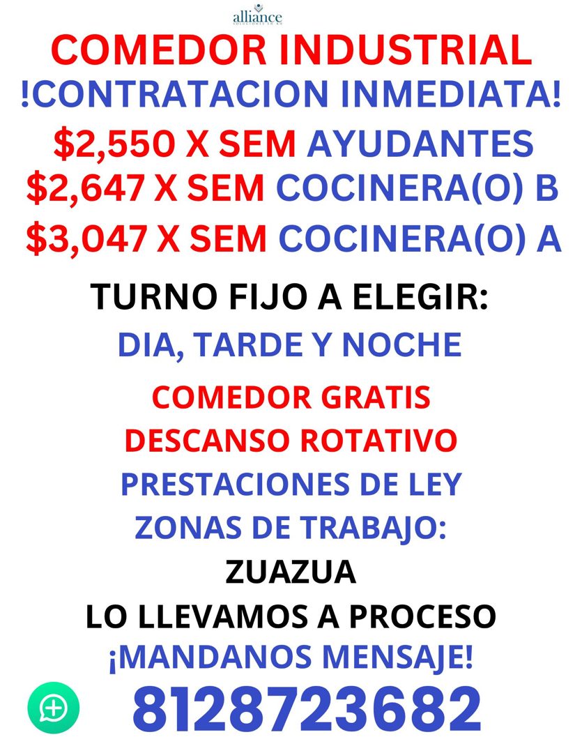 Banner del anuncio de la vacante: alliance · COMEDOR INDUSTRIAL · !CONTRATACION INMEDIATA! · $2,550 X SEM AYUDANTES · $2,647 X SEM COCINERA(O) B · $3,047 X SEM COCINERA(O) A 