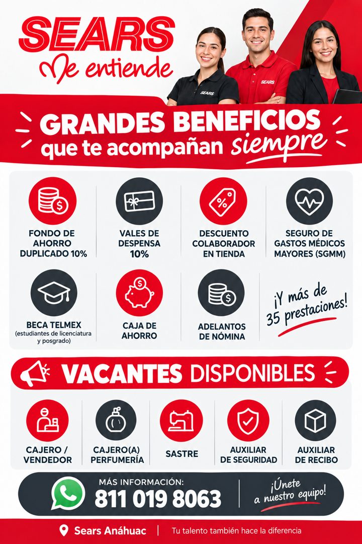 Banner del anuncio de la vacante: SEARS · Ne entiende · SEARS · SEARS · GRANDES BENEFICIOS · que te acompañan siempre · FONDO DE · AHORRO · DUPLICADO 10% · VALES DE · DESPENS