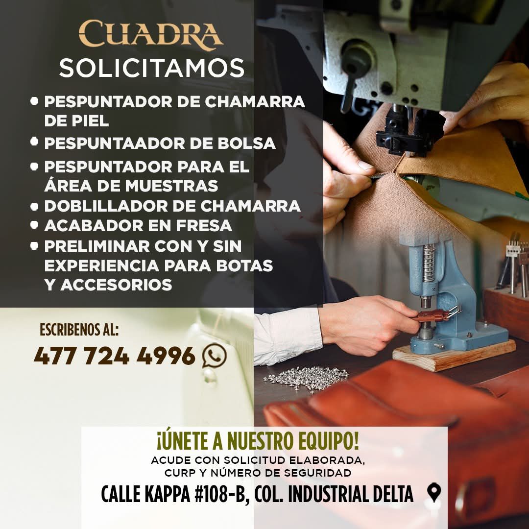 Banner del anuncio de la vacante: CUADRA · SOLICITAMOS · • PESPUNTADOR DE CHAMARRA · DE PIEL · • PESPUNTAADOR DE BOLSA · • PESPUNTADOR PARA EL · ÁREA DE MUESTRAS · • DOBLILLA