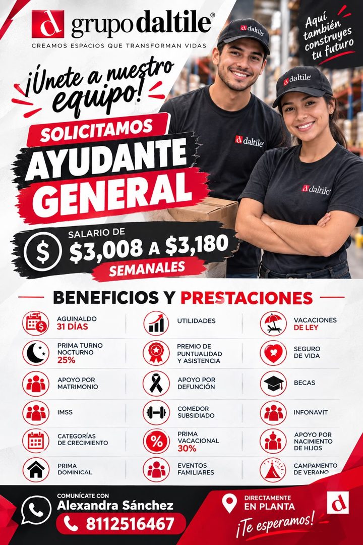Banner del anuncio de la vacante: grupo daltile® · CREAMOS ESPACIOS QUE TRANSFORMAN VIDAS · a daltile · Aquí · también · construyes · tu futuro · iUnete a nuestro · equipo! ·