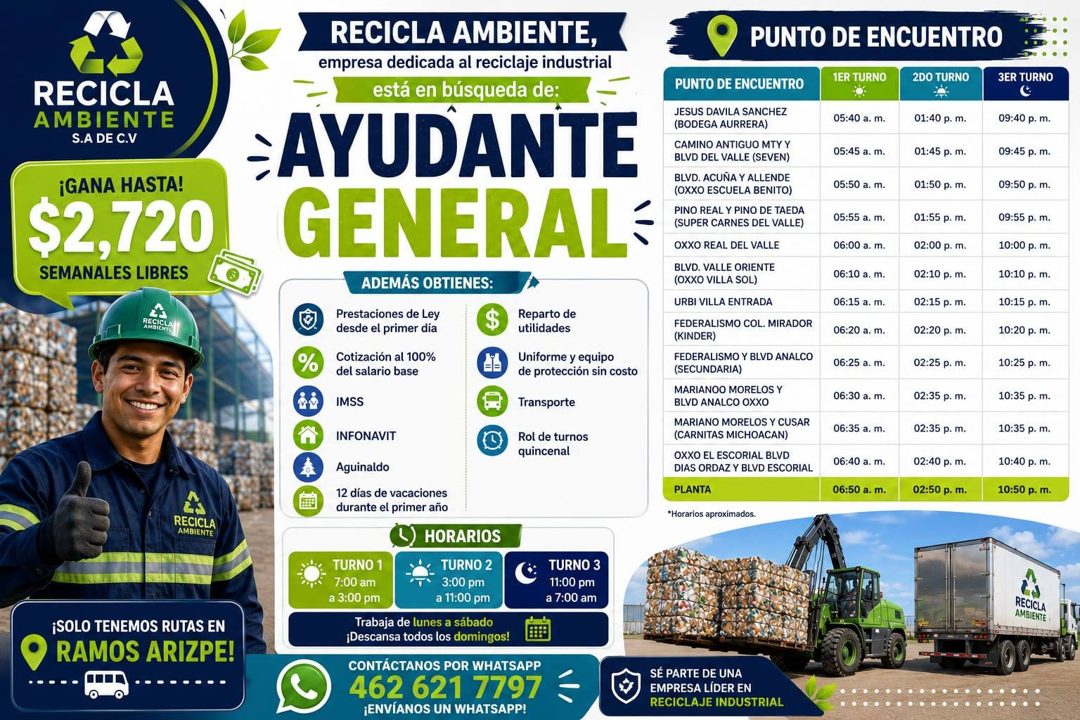 Banner del anuncio de la vacante: RECICLA · AMBIENTE · S.A DE C.V · ¡GANA HASTA! · $2,720 · SEMANALES LIBRES · REGICE · AMOICHI · RECICLA · AMBIENTE · ¡SOLO TENEMOS RUTAS EN 