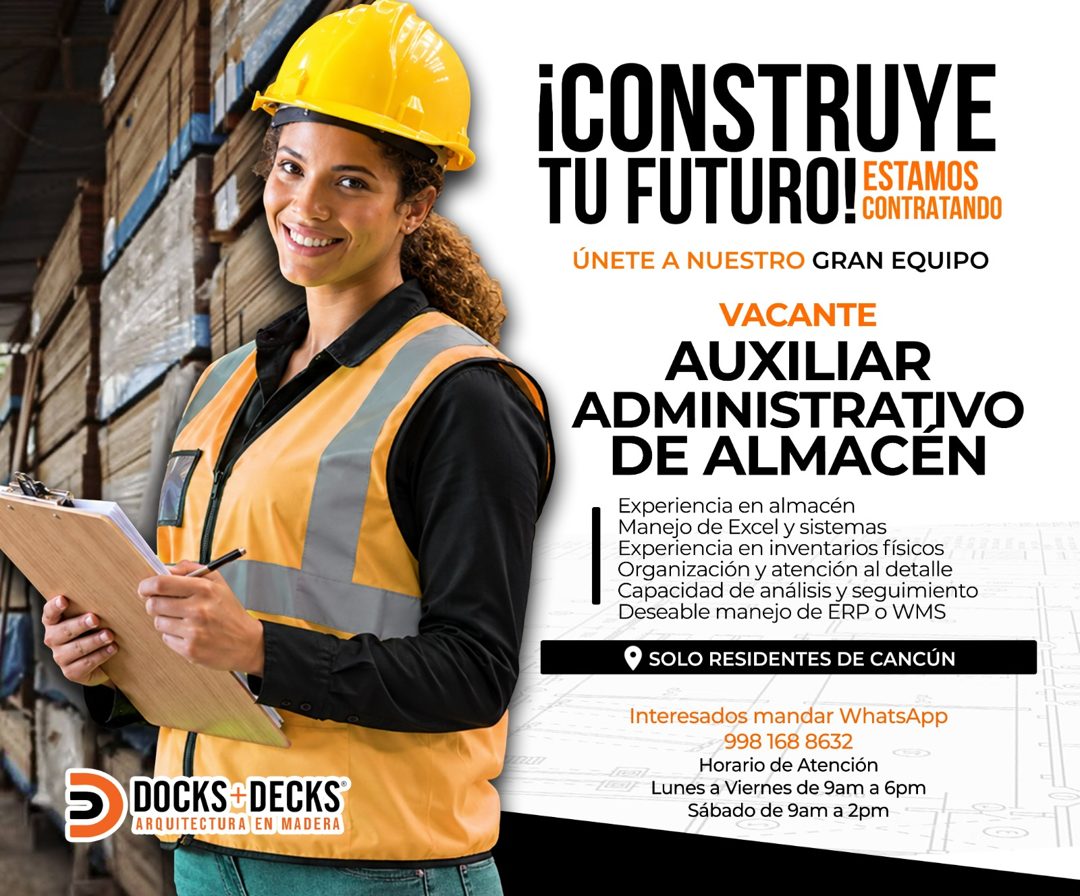 Banner del anuncio de la vacante: DOCKS+DECKS · ARQUITECTURA EN MADERA · CONSTRUYE · TU FUTURO-ENTRATAN · - CONTRATANDO · ÚNETE A NUESTRO GRAN EQUIPO · VACANTE · AUXILIAR · A