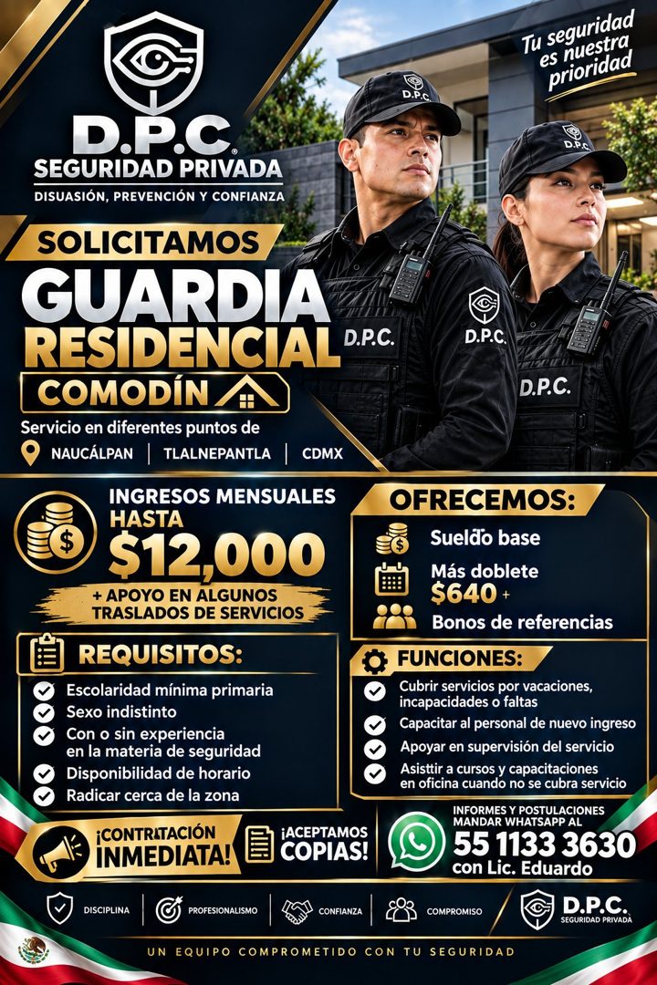 Banner del anuncio de la vacante: D.P.C · Tu seguridad · es nuestra · prioridad · D.P.C · SEGURIDAD PRIVADA · DISUASIÓN, PREVENCIÓN Y CONFIANZA · SOLICITAMOS · GUARDIA · RESI