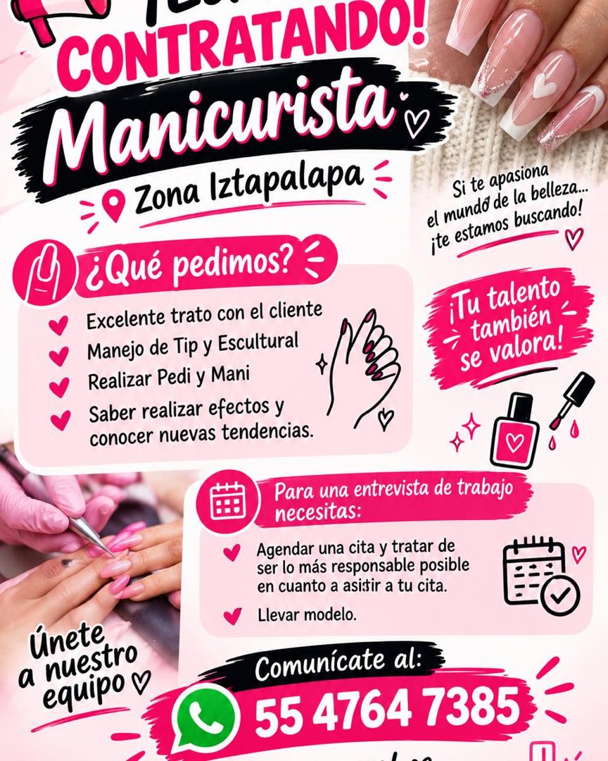 Banner del anuncio de la vacante: CONTRATANDO! · Manicurista ® · • Zona Iztapalapa = · (9) ¿Qué pedimos? · Excelente trato con el cliente · Manejo de Tip y Escultural · Reali