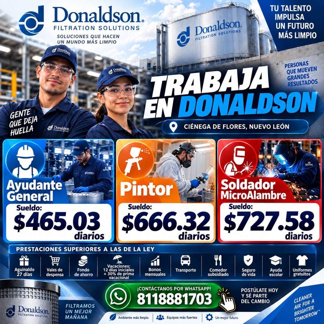Banner del anuncio de la vacante: Donaldson. · FILTRATION SOLUTIONS · SOLUCIONES QUE HACEN · UN MUNDO MÁS LIMPIO · Pon hong · FILTRATION SOLUTIONS · Donaldson. · TU TALENTO ·