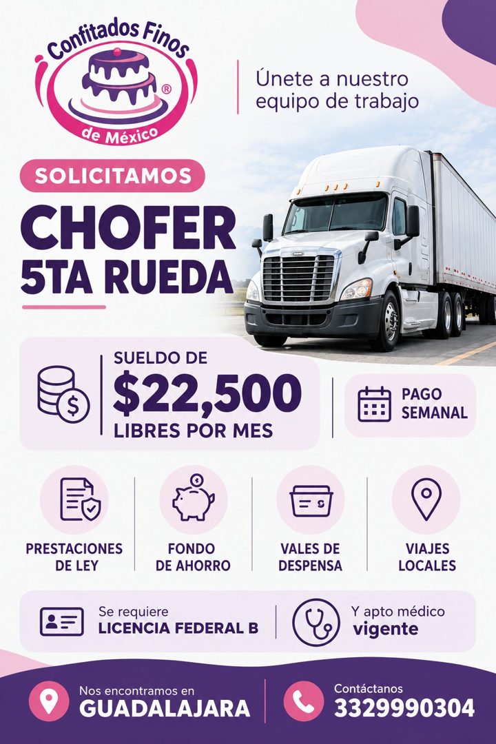 Banner del anuncio de la vacante: Confitados Finos · ® · Únete a nuestro · equipo de trabajo · de México · SOLICITAMOS · CHOFER · 5TA RUEDA · SUELDO DE · $22,500 · LIBRES POR