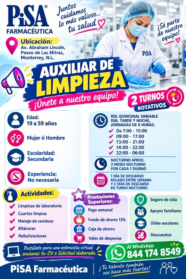 Banner del anuncio de la vacante: PASA® · FARMACÉUTICA · Juntos · cuidamos · lo más valioso... · tu salud & · Ubicación: · Av. Abraham Lincoln, · Paseo de Las Mitras, · Monte
