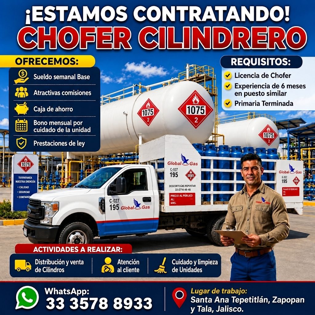Banner del anuncio de la vacante: ¡ESTAMOS CONTRATANDO! · CHOFER CILINDRERO · OFRECEMOS: · REQUISITOS: · Sueldo semanal Base · Licencia de Chofer · Experiencia de 6 meses · A