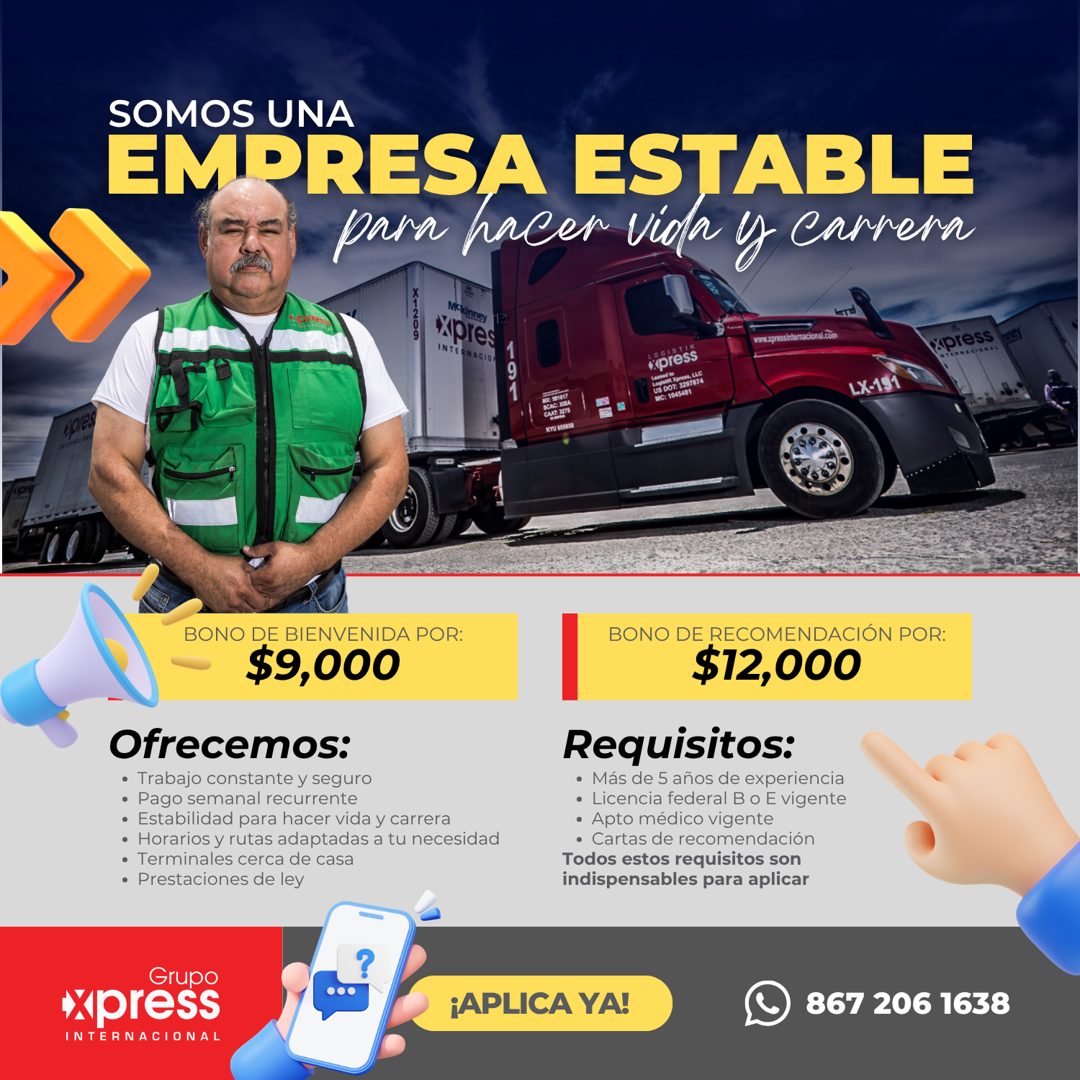 Banner del anuncio de la vacante: SOMOS UNA · EMPRESA ESTABLE · para pacer vida y carrera · wekinner · Xpres · INTERNACIOT · xpress · NTRRNACIONAL · LOGISTIK · kipress · US D