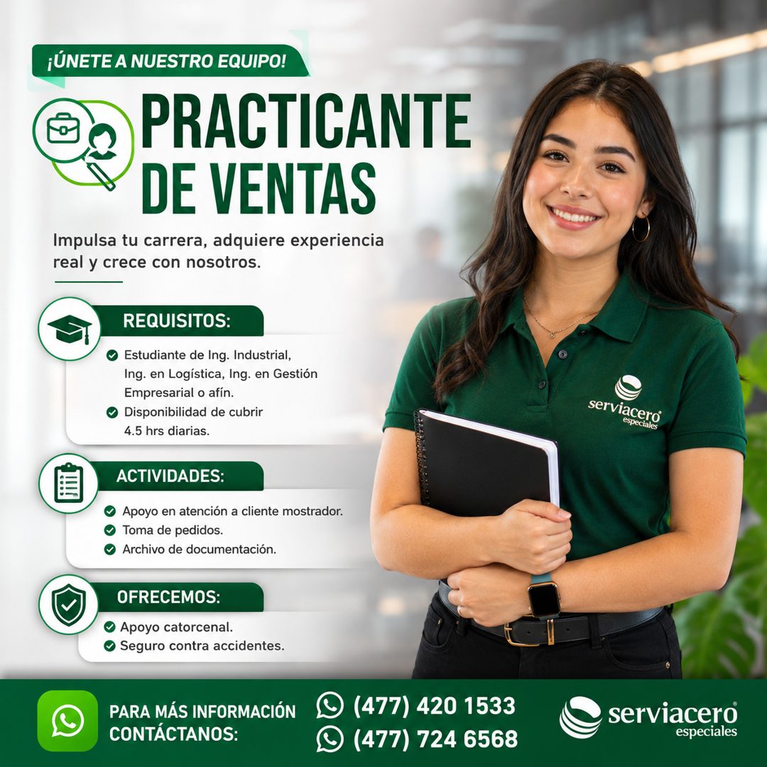 Banner del anuncio de la vacante: ¡ÚNETE A NUESTRO EQUIPO! · PRACTICANTE · DE VENTAS · Impulsa tu carrera, adquiere experiencia · real y crece con nosotros. · REQUISITOS: · E