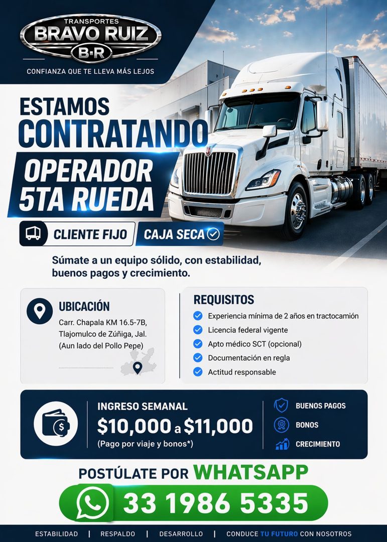 Banner del anuncio de la vacante: TRANSPORTES · BRAVO RUIZ · B-R · CONFIANZA QUE TE LLEVA MÁS LEJOS · ESTAMOS · CONTRATANDO · OPERADOR · 5TA RUEDA · CLIENTE FIJO · CAJA SECA 