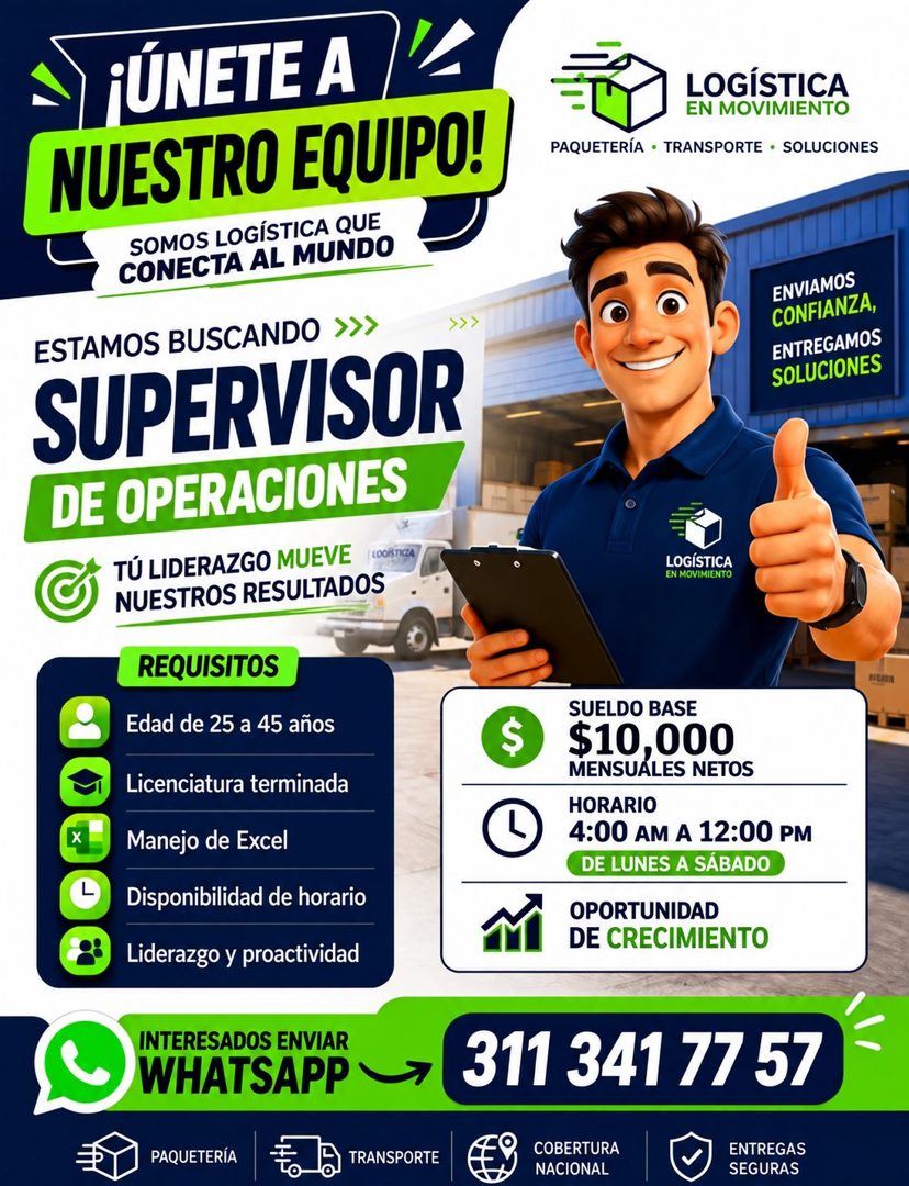 Banner del anuncio de la vacante: 'ÚNETE A · NUESTRO EQUIPO! · SOMOS LOGÍSTICA QUE · CONECTA AL MUNDO · ESTAMOS BUSCANDO · SUPERVISOR · DE OPERACIONES · TÚ LIDERAZGO MUEVE · 