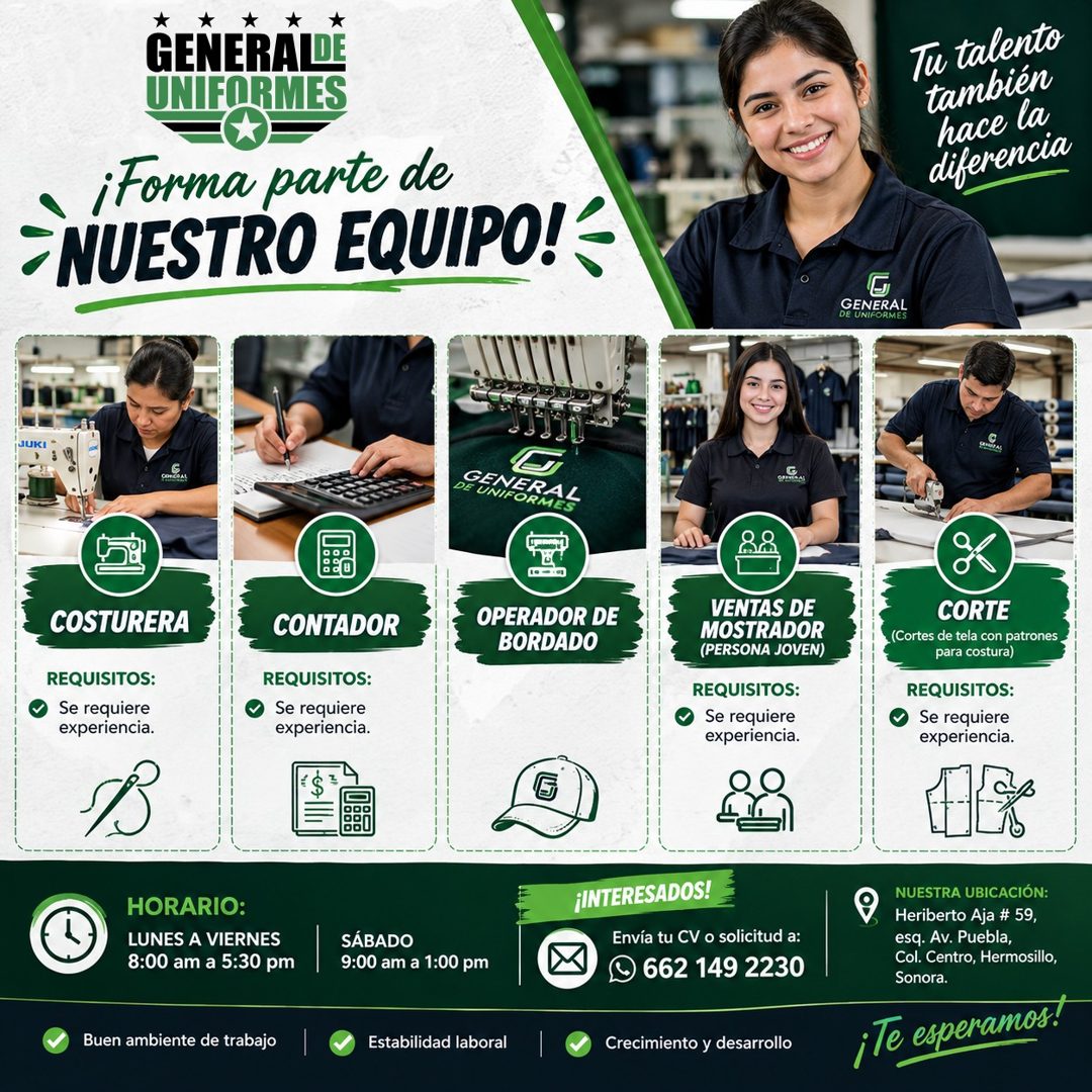 Banner del anuncio de la vacante: GENERALDE · UNIFORMES · Tu talento · tambien · hace la · diferencia · ¡Forma parte de · NUESTRO EQUIPO! · GENERAL · DE UNIFORMES · JUKI · CO