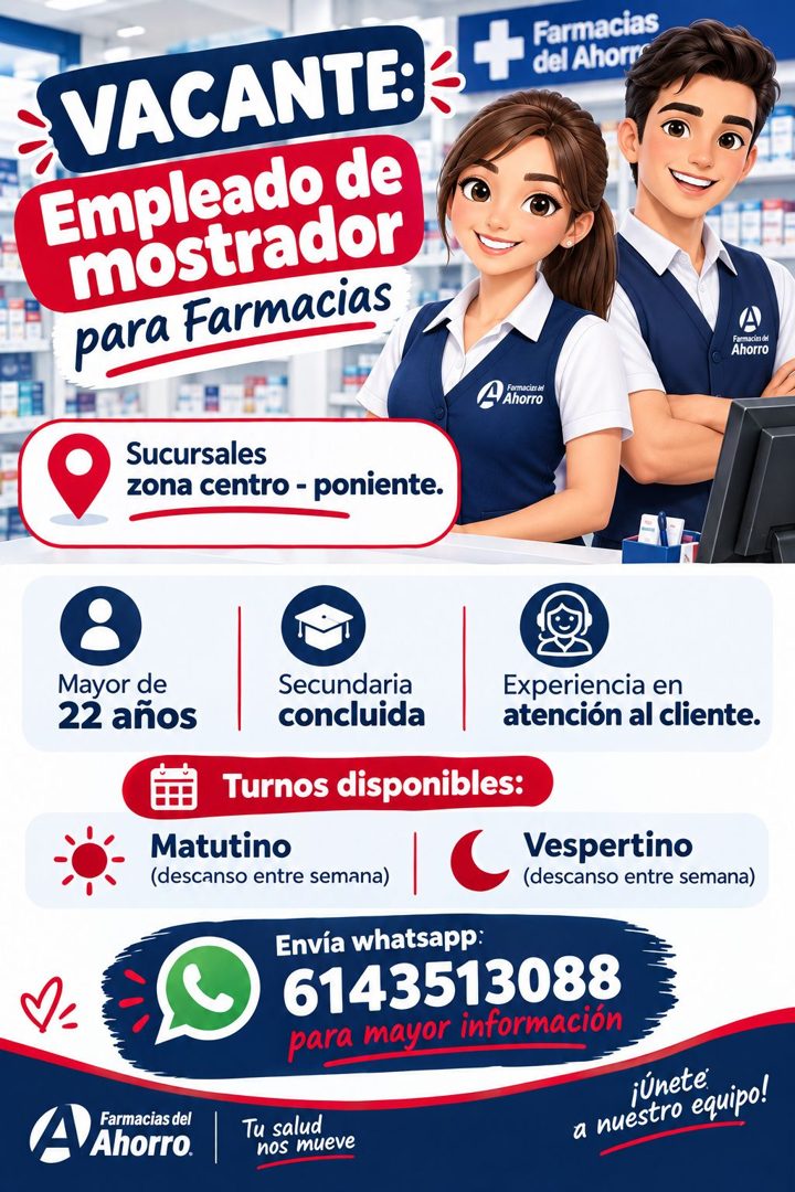 Banner del anuncio de la vacante: VACANTE: · Empleado de · mostrador · para Farmacias · + · Farmacias · del Ahorre · Farmacina del · Ahorro · Farmacier de · - Ahorro · Sucurs