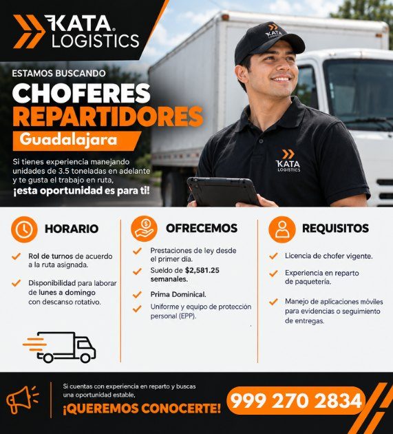 Banner del anuncio de la vacante: KATA. · LOGISTICS · ESTAMOS BUSCANDO · CHOFERES · REPARTIDORES · Guadalajara · Si tienes experiencia manejando · unidades de 3.5 toneladas e