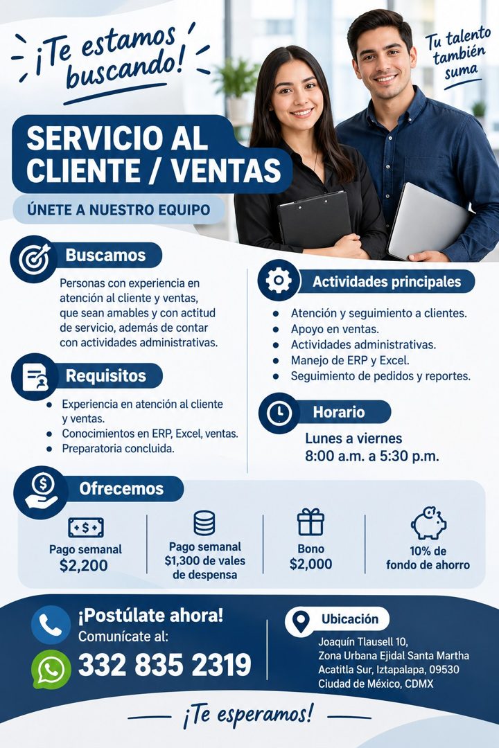 Banner del anuncio de la vacante: ¡Te estamos · / · buscando! · Tu talento · también · suma · SERVICIO AL · CLIENTE / VENTAS · ÚNETE A NUESTRO EQUIPO · Buscamos · Personas co
