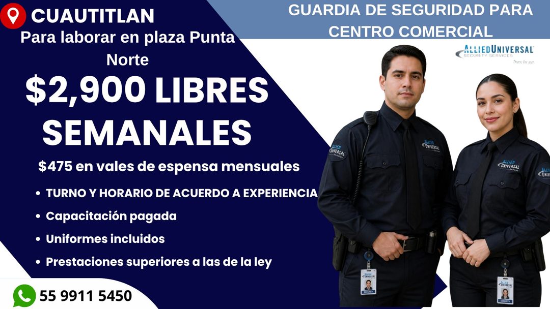 Banner del anuncio de la vacante: CUAUTITLAN · Para laborar en plaza Punta · Norte · $2,900 LIBRES · SEMANALES · $475 en vales de espensa mensuales · • TURNO Y HORARIO DE ACU