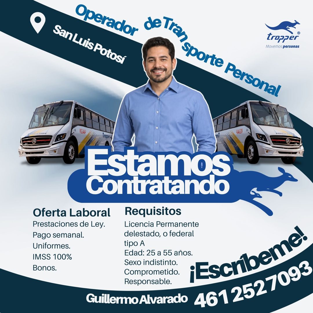 Banner del anuncio de la vacante: Tropper · Movemos personas · Operador · San Luis Potosí · de Tran sporte Personal · P124P · 'RTE DE PERSONAL · troper d · Estamos · Contrata