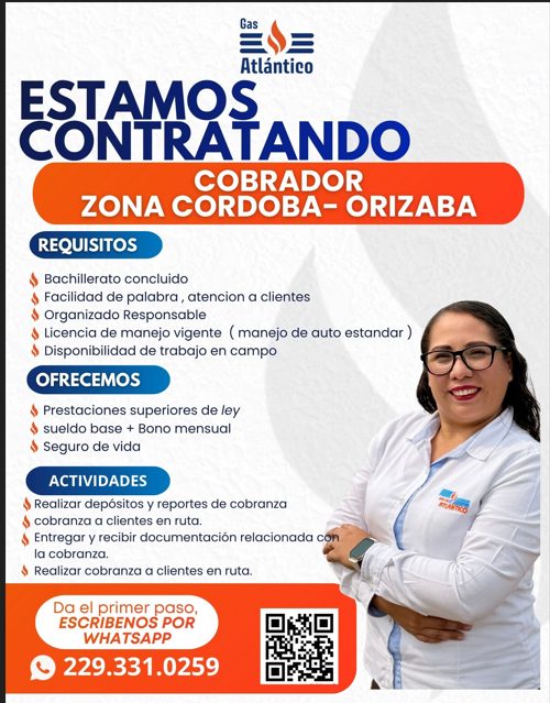 Banner del anuncio de la vacante: Gas · Atlántico · ESTAMOS · CONTRATANDO · COBRADOR · ZONA CORDOBA- ORIZABA · REQUISITOS · Bachillerato concluido · § Facilidad de palabra, a