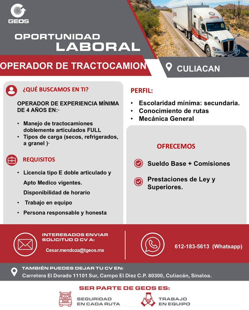 Banner del anuncio de la vacante: GEOg · GEOS · OPORTUNIDAD · LABORAL · OPERADOR DE TRACTOCAMION · CULIACAN · ¿QUÉ BUSCAMOS EN TI? · OPERADOR DE EXPERIENCIA MÍNIMA · DE 4 AÑO