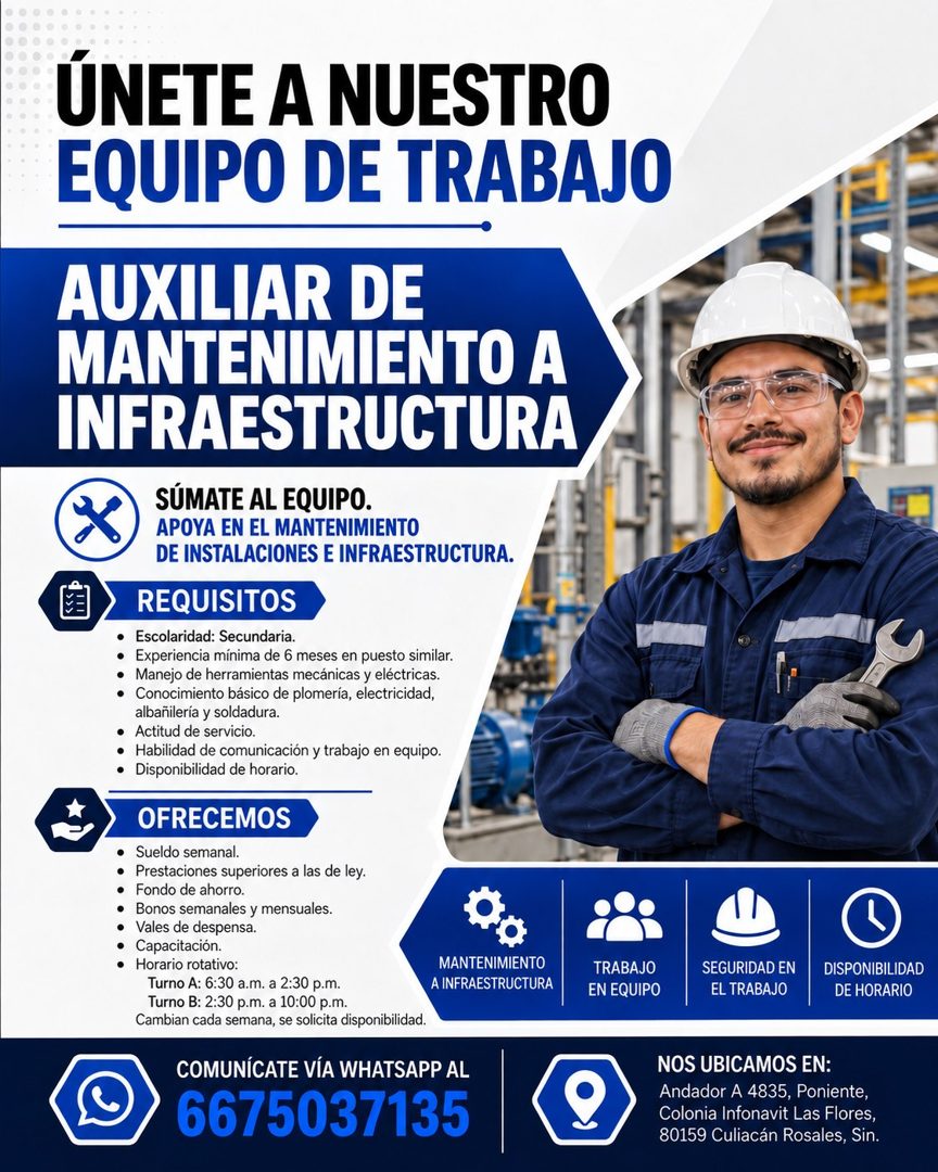 Banner del anuncio de la vacante: ÚNETE A NUESTRO · EQUIPO DE TRABAJO · AUXILIAR DE · MANTENIMIENTO A · INFRAESTRUCTURA · SÚMATE AL EQUIPO. · APOYA EN EL MANTENIMIENTO · DE I
