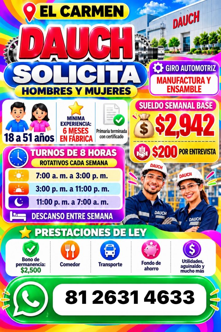 Banner del anuncio de la vacante: EL CARMEN · DAUCH · SOLICITA · HOMBRES Y MUJERES · DÀUCH · MÍNIMA · EXPERIENCIA: · 6 MESES · Primaria terminada · 18 a 51 años · EN FÁBRICA 