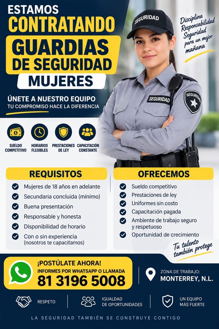 Banner del anuncio de la vacante: ESTAMOS · CONTRATANDO · GUARDIAS · DE SEGURIDAD · MUJERES · ÚNETE A NUESTRO EQUIPO · TU COMPROMISO HACE LA DIFERENCIA · SEGURIDAD · Discipli