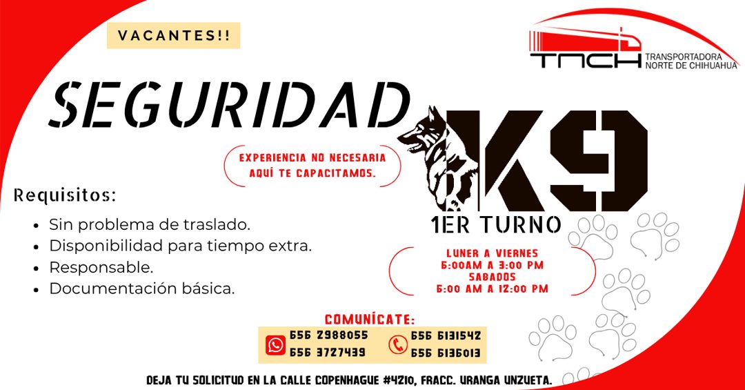 Banner del anuncio de la vacante: VACANTES!! · TRANSPORTADORA · TEH ORIE DE CANHUAHUA · SEGURIDAD · EXPERIENCIA NO NECESARIA · AQUI TE CAPACITAMOS. · Requisitos: · • Sin prob