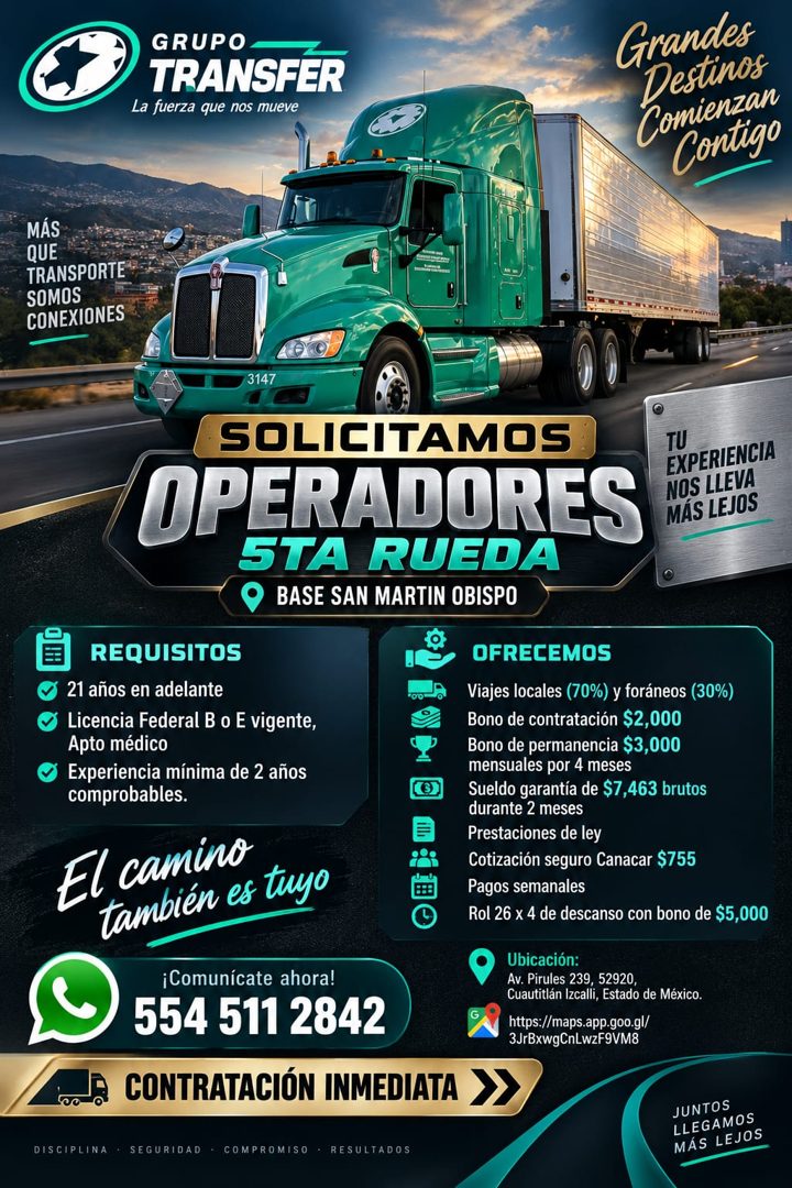 Banner del anuncio de la vacante: GRUPO · TRANSFER · La fuerza que nos mueve · Grandes · Destinos · Comienzan · Contigo · MÁS · QUE · TRANSPORTE · SOMOS · CONEXIONES · 3147 ·