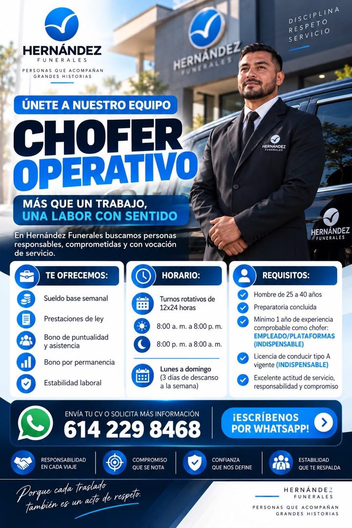 Banner del anuncio de la vacante: DISCIPLINA · RESPETO · SERVICIO · HERNÁNDEZ · FUNERALES · PERSONAS QUE ACOMPANAN · GRANDES HISTORIAS · HERNANDEZ · FUNERALES · ÚNETE A NUEST