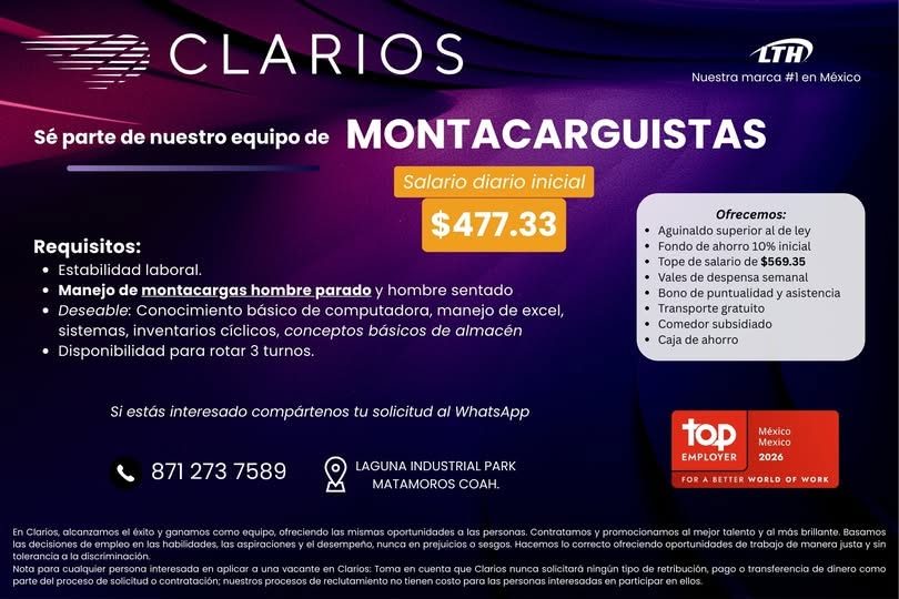 Banner del anuncio de la vacante: CLARIOS · 1TH · Nuestra marca #1 en México · Sé parte de nuestro equipo de MONTACARGUISTAS · Salario diario inicial · $477.33 · Requisitos: 