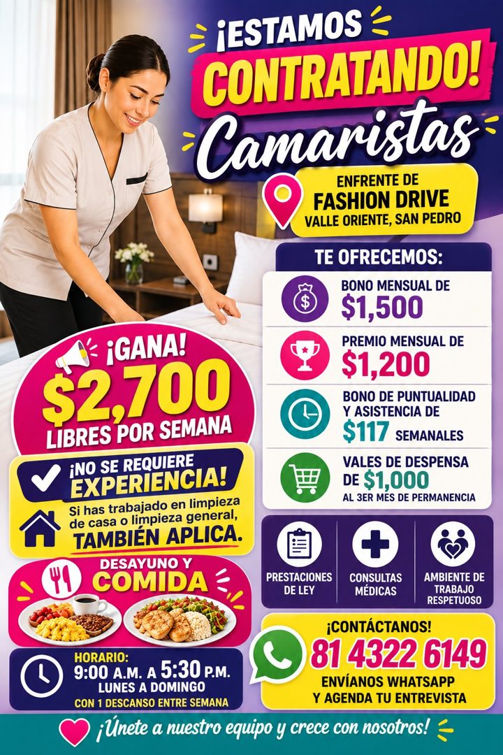 Banner del anuncio de la vacante: ¡GANA! · $2,700 · LIBRES POR SEMANA · ¡NO SE REQUIERE · EXPERIENCIA! · Si has trabajado en limpieza · de casa o limpieza general, · TAMBIEN 