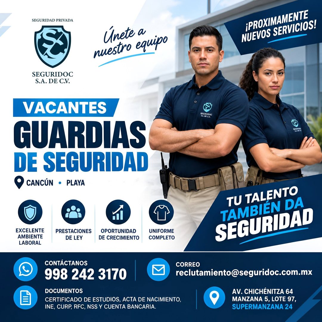 Banner del anuncio de la vacante: SEGURIDAD PRIVADA · Únete a · nuestro equipo · PROXIMAMENTE · NUEVOS SERVICIOS! · SEGURIDOC · S.A. DE C.V. · VACANTES · GUARDIAS · DE SEGURI