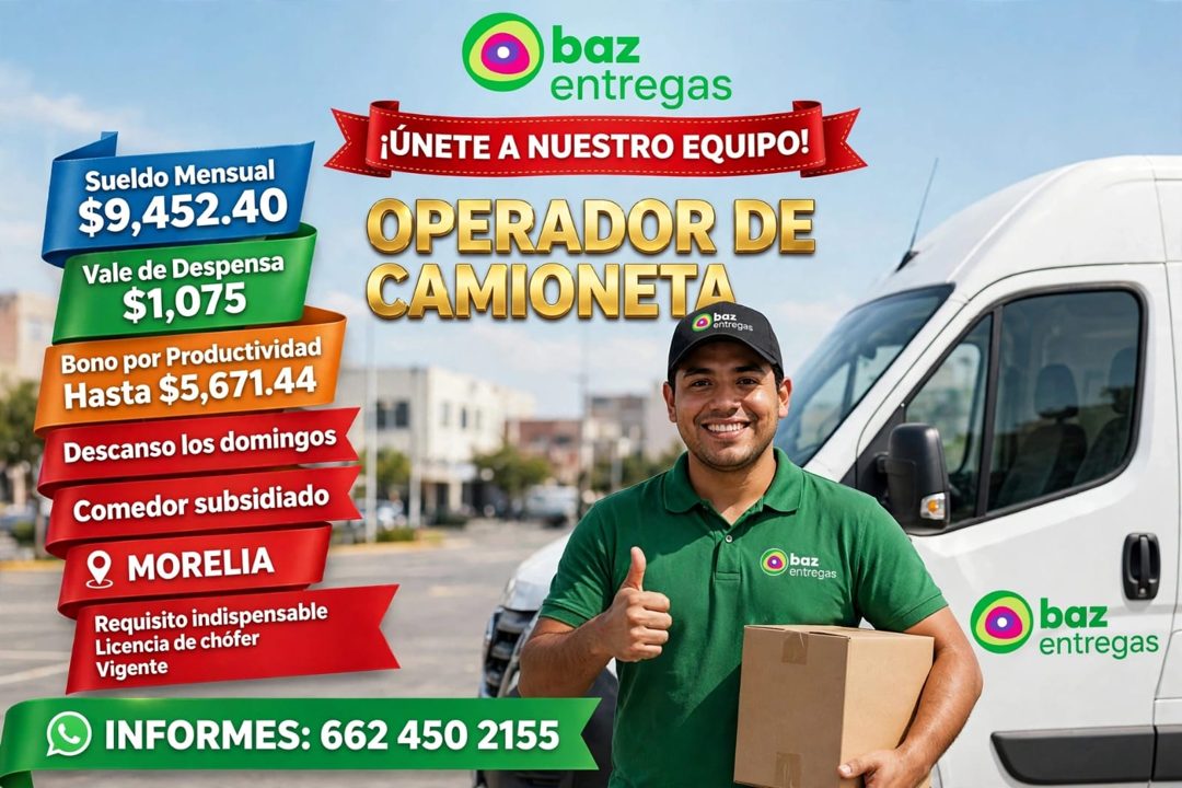 Banner del anuncio de la vacante: Sueldo Mensual · $9,452.40 · Vale de Despensa · $1,075 · Bono por Productividad · Hasta $5,671.44 · Descanso los domingos · Comedor subsidia